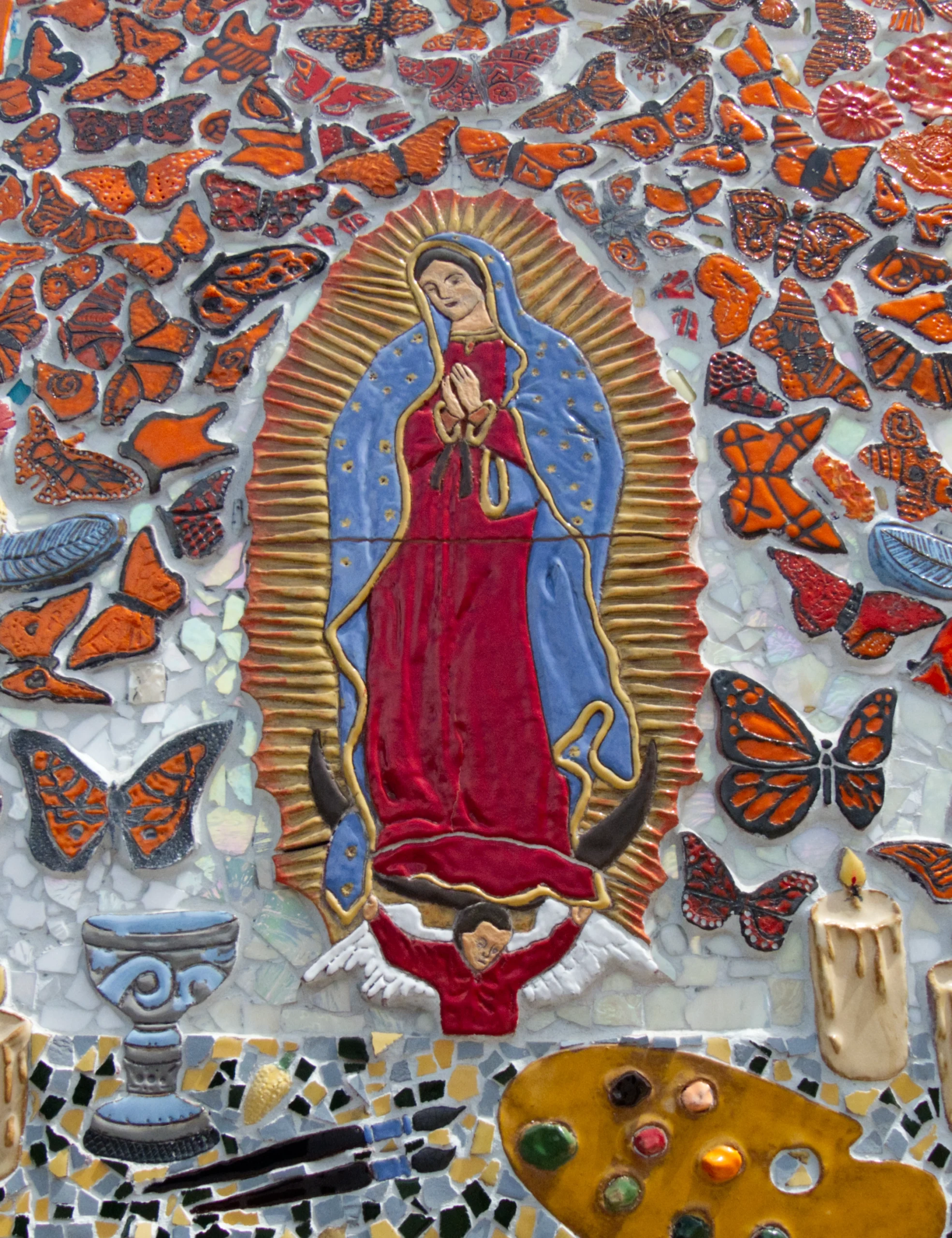 Detail from Silver City Museum mural of the Virgin of Guadalupe